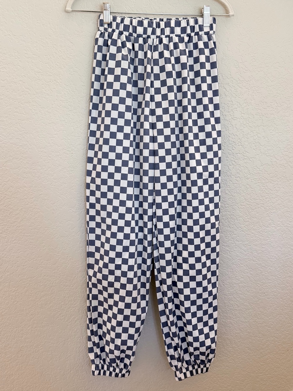 Romwe Checkerboard Jogger Pants XS - Blue Gray & White Elastic Waist